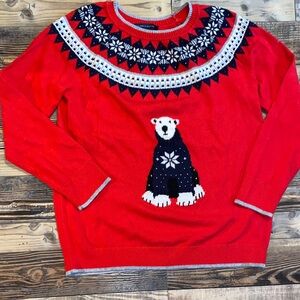 Tommy Hilfiger Fair Isle Festive Cozy Red Sweater with Polar Bear Design